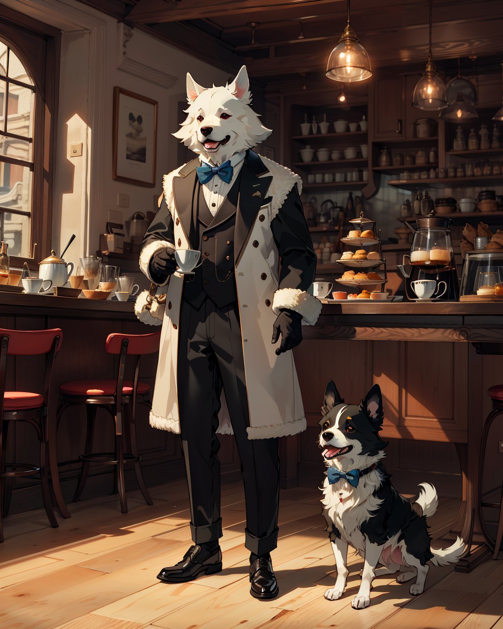 best quality,masterpiece,highly detailed,ultra-detailed, furrydog,shirt,suit, at cafe afernoon tea,mug,(fur gloves:1.3),food,bowtie, fur trim,  pants,standing,  <lora:neg9V2_last:0.5>   <lora:furrytale:1>  