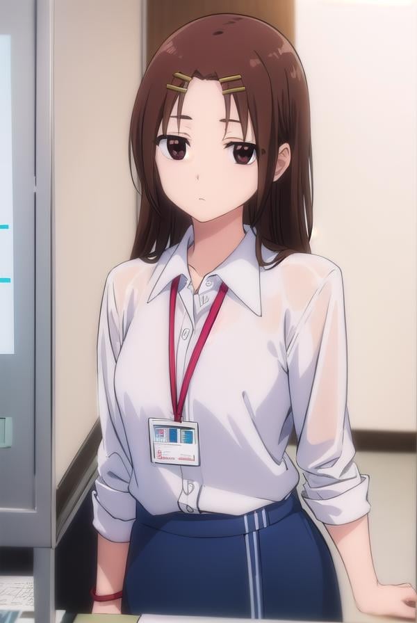 megumichihaya, <lora:megumi chihaya s1-lora-nochekaiser:1>,megumi chihaya, long hair, brown hair, hair ornament, (brown eyes:1.5), hairclip,BREAK skirt, shirt, white shirt, blue skirt, office lady, id card, lanyard,BREAK indoors, office,BREAK looking at viewer, (cowboy shot:1.5),BREAK <lyco:GoodHands-beta2:1>, (masterpiece:1.2), best quality, high resolution, unity 8k wallpaper, (illustration:0.8), (beautiful detailed eyes:1.6), extremely detailed face, perfect lighting, extremely detailed CG, (perfect hands, perfect anatomy),