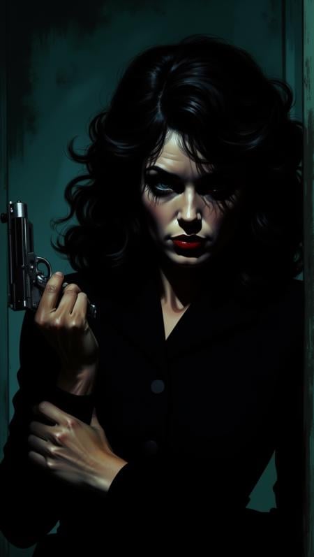 A mysterious woman with dark, wavy hair and piercing eyes stands in the shadows of a dimly lit room. She’s holding a small revolver with a delicate yet firm grip. Her red lipstick is the only color that stands out in the darkness, her intentions unclear but dangerous.<lora:Adventure_Comic_Book:0.8>