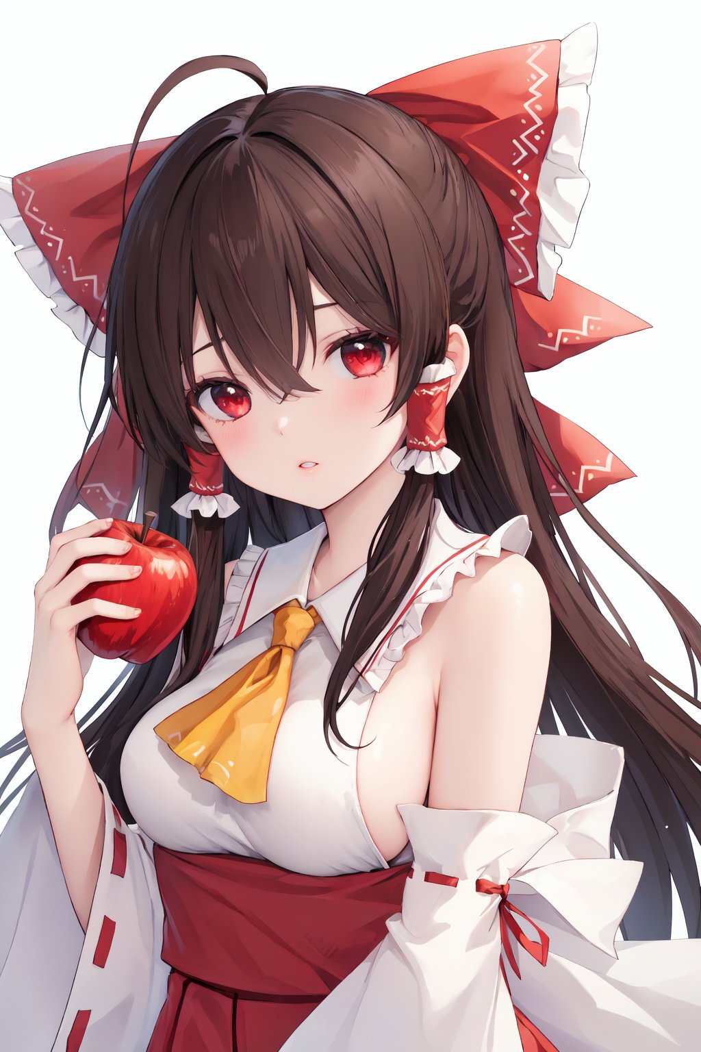 1girl, solo, hakurei reimu, red eyes, apple, food, bow, fruit, red bow, hair tubes, detached sleeves, white background, hair bow, ascot, holding, holding food, looking at viewer, upper body, holding fruit, simple background, breasts, bare shoulders, wide sleeves, hair between eyes, bangs, ahoge, frilled bow, yellow ascot, medium breasts, parted lips, frills, brown hair, black hair, ribbon-trimmed sleeves, ribbon trim, long hair, water, sidelocks