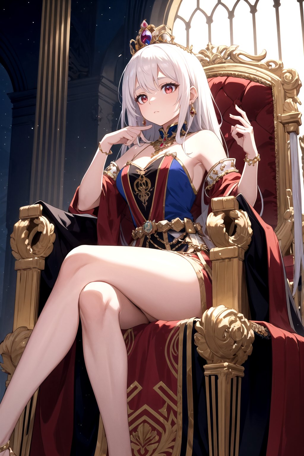 Step into the opulent realm of "Crimson Monarchy," a kingdom where power and beauty converge in the form of a resplendent queen. Visualize an awe-inspiring image of the queen, her white hair cascading like a regal waterfall, her deep red eyes reflecting both wisdom and authority, as she sits upon her throne, contemplating her kingdom.The throne room exudes grandeur and majesty, adorned with ornate golden accents and draped in rich crimson tapestries that bear the emblem of the realm. Sunlight streams through towering stained-glass windows, casting a kaleidoscope of colors upon the polished marble floors. The air is infused with the scent of polished wood and perfumed candles, adding to the atmosphere of regal elegance.Seated upon her throne, the queen radiates an aura of both power and grace. Her white hair is a symbol of her wisdom and experience, flowing like a river of moonlit silk. Her deep red eyes, intense and captivating, hold the secrets of the kingdom and speak of her unwavering resolve. She embodies a formidable ruler whose beauty and authority command the admiration of her subjects.The queen's attire is befitting of her royal stature, exuding a sense of regality and refinement. Picture her in a gown adorned with intricate embroidery and precious gemstones that catch the light and shimmer like stars. The gown is a testament to her strength, embracing her figure with confidence while still allowing her freedom of movement. A regal crown rests atop her head, symbolizing her rightful place on the throne.