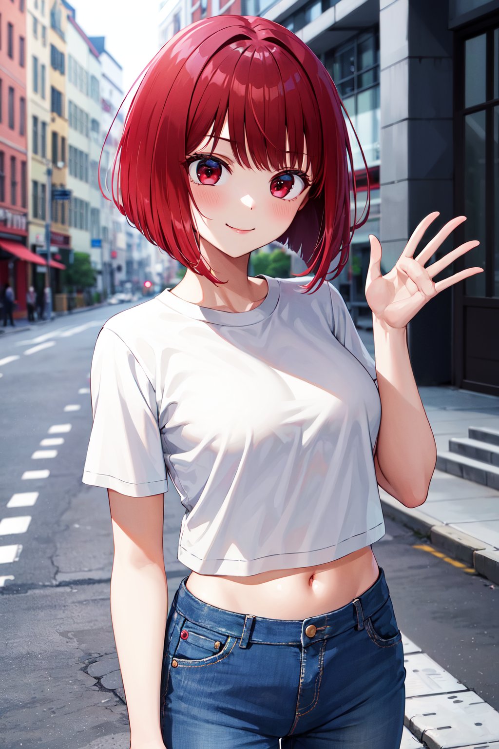 masterpiece, best quality, highres, aakana, short hair, red eyes, <lora:arima_kana_v1:0.7>, t-shirt, white shirt, midriff, jeans, street, smile, waving