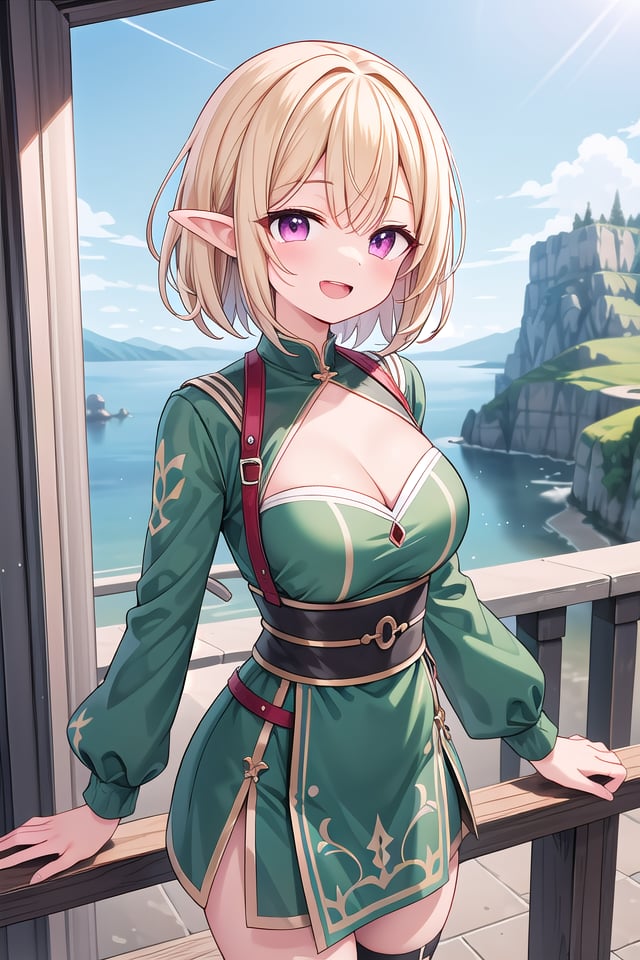 insanely detailed, absurdres, ultra-highres, ultra-detailed, best quality,1girl, solo, nice hands, perfect handsBREAKelf girl, (wearing green dress:1.2), (nsfw:-1.5), (navel:-1)BREAKhappy smile, laugh, open mouthBREAKstanding, cowboy shot, looking at viewerBREAKslender, kawaii, perfect symmetrical face, ultra cute girl, ultra cute face, ultra detailed eyes, ultra detailed hair, ultra cute, ultra beautifulBREAKOn the peak of a distant mountain, a gargantuan dragon from the ancient times roars, depth of field, ultra detailed backgroundBREAKlarge breasts, cleavage,BREAKblonde hair, medium hair, elf ear, pink eyes