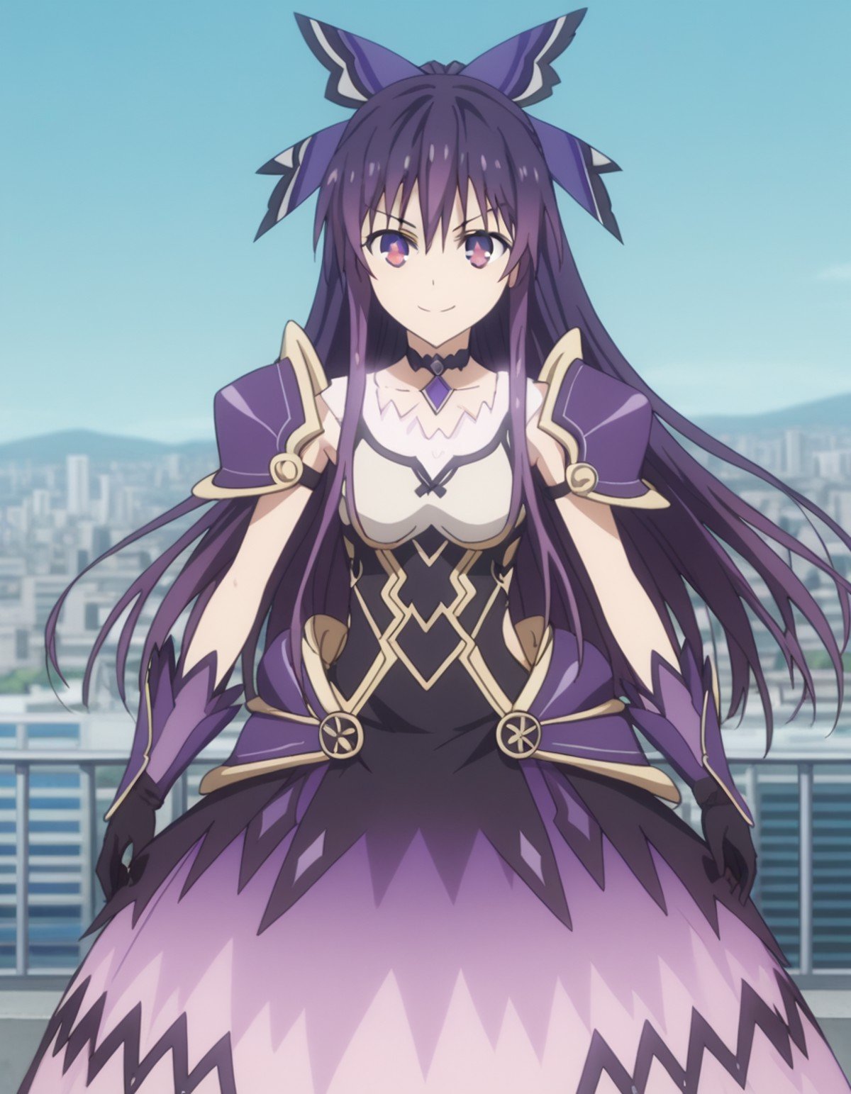 score_9, score_8_up, score_7_up, source_anime,tookayatogami, <lora:tooka-yatogami-s4s5-ponyxl-lora-nochekaiser:1>,tooka yatogami, hair ribbon, purple eyes, purple hair, long hair, ribbon,armor, armored dress, choker, dress, gloves, pauldrons, shoulder armor,outdoors, cityscape, bent over, smile,looking at viewer, solo, cowboy shot, dutch angle,