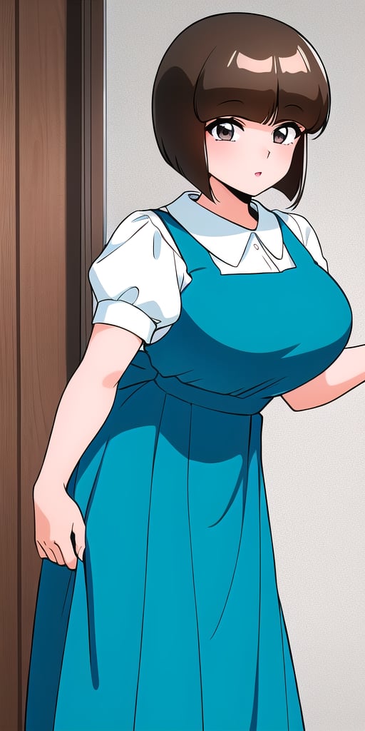 <lora:TendouNabikiV3:0.85> tendounabiki, huge_breasts, standing, solo, School_uniform_Blue_pinafore_dress_Puffy_sleeves_white_collared_shirt_Blue_back_bow, masterpiece, best quality, detailed face, detailed eyes, highres,