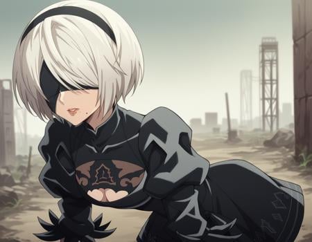 score_9, score_8_up, score_7_up, source_anime,2b, <lora:2b-s1-ponyxl-lora-nochekaiser:1>,2b, yorha no. 2 type b, short hair, white hair, hairband, mole, black hairband, mole under mouth, blindfold, covered eyes, black blindfold,gloves, long sleeves, dress, puffy sleeves, black dress, clothing cutout, cleavage cutout, juliet sleeves, feather-trimmed sleeves,outdoors, wasteland, bent over,solo, dutch angle, looking at viewer, cowboy shot,