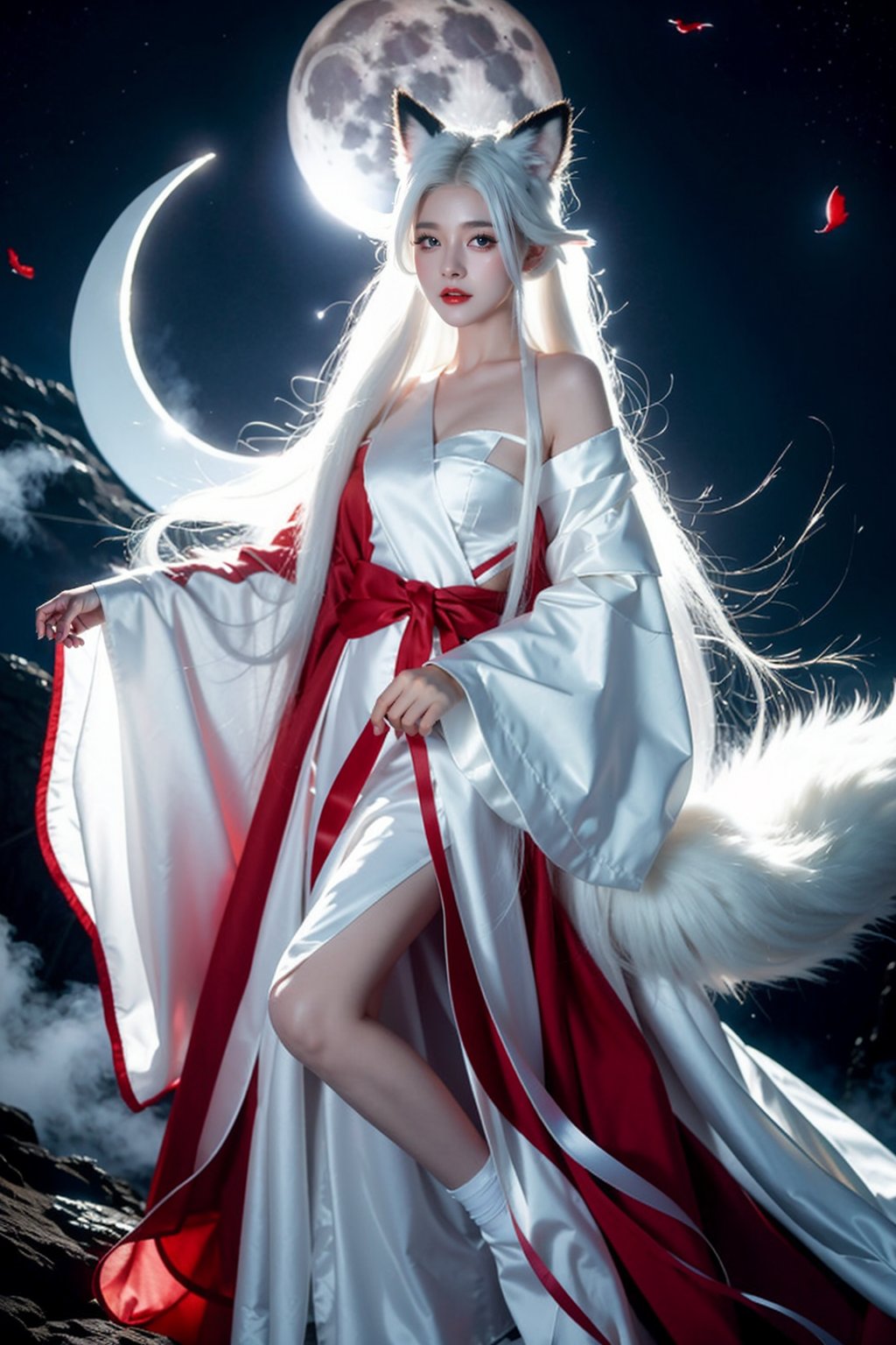 Ultra quality,8k,masterpiece,best quality,1girl,solo,long hair,looking at viewer,long sleeves,animal ears,cloud,night,moon, smoke,tail,full body,white hair,wide sleeves,fox ears,wind,robe,red lips,white theme, <lora:JAY - WHITE FOX:0.7>