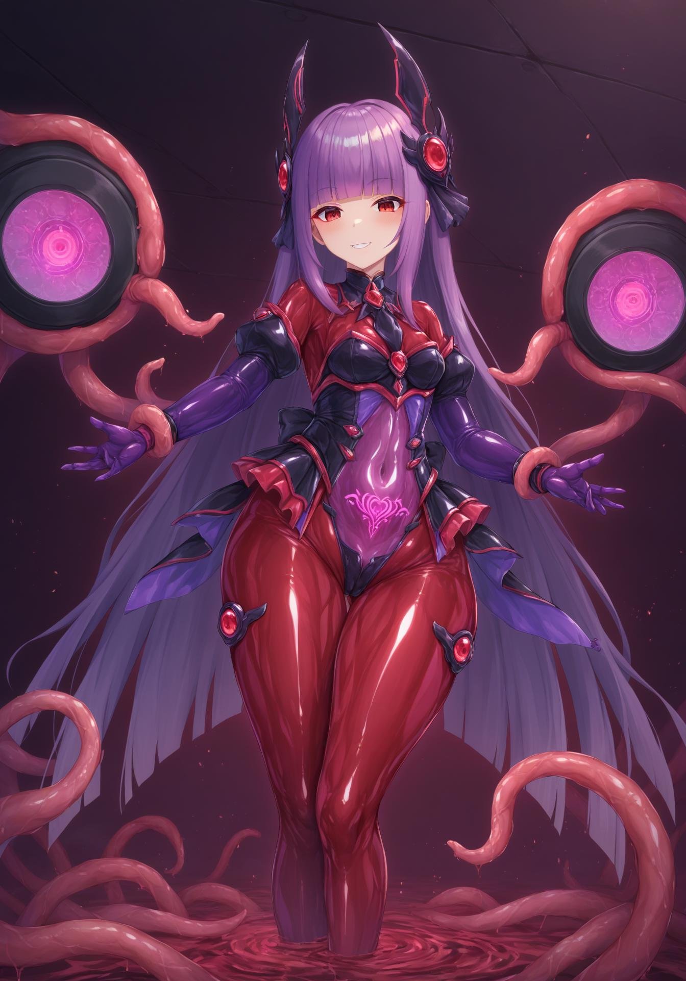 score_9, score_8_up, score_7_up, score_6_up, score_5_up,  source_anime, best quality, masterpiece BREAK1girl, standing, corruption, curvy body, thick thighs, wide hip, red eyes, gentle smile,  hime cut  hair, sci-fi,   laboratory, purple theme, sexy, corruption bodysuit, see-through leotard, glowing red lines, many red lines on body, standing, look down, dark and evil theme, magical girl, corruption, blunt bangs, shiny skin, puffy sleeves, thick thighs, wide hip <lora:CorruptPonyXL-000003:0.8> glowing pubic tattoo, tentacles living clothes, mesugaki