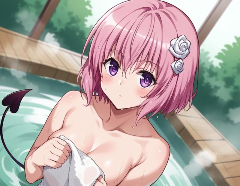 score_9, score_8_up, score_7_up, source_anime,momodeviluke, <lora:momo-deviluke-darkness-ponyxl-lora-nochekaiser:1>,momo deviluke, demon tail, hair flower, hair ornament, purple eyes, pink hair, short hair, tail,nude, naked, outdoors, onsen, towel, naked towel, steam, bathing, nude cover, partially submerged, water, bath, steam censor, wet towel, blush,looking at viewer, cowboy shot, dutch angle, solo,