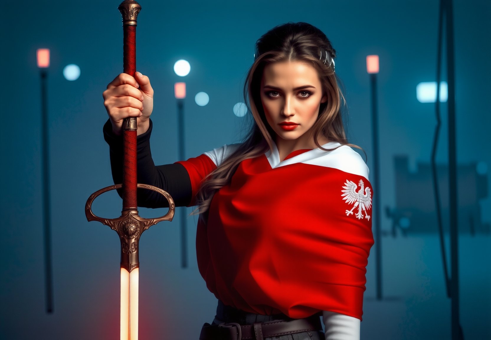 cinematic, 8k uhd, dslr,8K UHD cinematic masterpiece: a beautiful polish swordsman wrapped in the polish flag. in one hand she holds a royal scimitar sword, on her shoulder a pukler with an emblem, inkpunk style,thematic background, side light, rim lighting, studio lighting, ultra quality, sharp focus, film grain, Fujifilm XT3, highly detailed glossy eyes, high detailed skin, skin pores, winter, snowing,dark fantasy, romantic,dynamic fighting pose,,natural pose, dark fantasy style, raw, uhd, dslr, em 80mm, dslr, hdr, , cinematic shot, dark fantasy, style,raw photo, glowing neon fog, dslr, raw, 16k UHD,