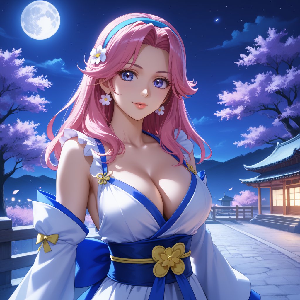 (,1girl, ,best quality, ),,  ,ultra realistic 8k cg,, ,masterpiece, (( , )),, ,   ,   cure blossom, full moon,night,night sky,  (cleavage),,  (), ,,