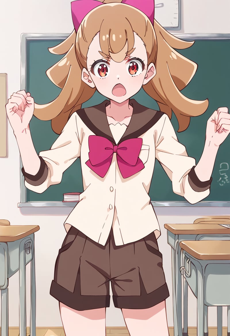 score_9, score_8_up, score_7_up, source_anime, BREAKinukai komugi, wan-nyan-chu school uniform, school uniform, desk, open mouth, hair bow, brown hair, o o, :3, brown eyes, red eyes, ponytail, school desk, long hair, indoors, classroom, holding hands, eyebrows visible through hair, solo, red bow, pink bow, light brown hair, standing, long sleeves, white shirt, :d, white legwear, book, blonde hair, serafuku, bookshelf, chair, pleated skirt, twintails, hair ornament, purple bow, brown shorts, school, brown sailor collar, red neckwear, hair ribbon, :o, thick eyebrows, looking at viewer, high ponytail, pink neckwear, 1girl, puffy short sleeves, v-shaped eyebrows, surprised, clenched hand, medium hair, shiny hair, collared shirt, hair between eyes, school chair, blouse, library, chalkboard, white socks, pink bowtie, red bowtie, dress shirt, yellow shirt, black shorts<lora:cure_wonderful_inukai_komugi_sdxl_locon_pony_v1:0.7>