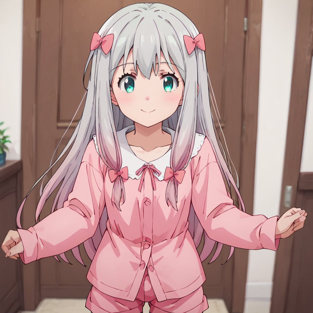 score_9, score_8_up, score_7_up, score_6_up, score_5_up, score_4_up, source_anime,koizumi yogiri, long hair, grey hair, aqua eyes, grey hair, pink hair, multicolored hair,1girl, pajamas, solo, bow,smile, pink bow, hair bow, looking at viewer, pink pajamas, blush, collarbone, pink shorts, shorts, door, closed mouth, long sleeves, indoors, cowboy shot,masterpiece, perfect face, best quality, beautiful girl, blurry background, cute girl, beautiful eyes, shiny eyes, anime coloring, anime screencap, absurdres,  <lora:koizumi yogiri nova:0.7>