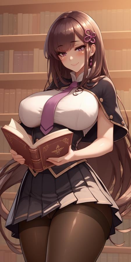 score_9, score_8_up, score_7_up, 1girl, mature female, shiny skin, <lora:Expressive_H:0.8>, <lora:Venus-10:0.8>, venus, brown hair, bangs, blush, book, bookshelf, breasts, hair ornament, holding, holding book, large breasts, library, looking at viewer, purple necktie, open book, pantyhose, pleated skirt, reading, black skirt, solo, very long hair,  thighband pantyhose, white shirt, purple eyes, black capelet, detached sleeves, closed mouth,black corset,smile,