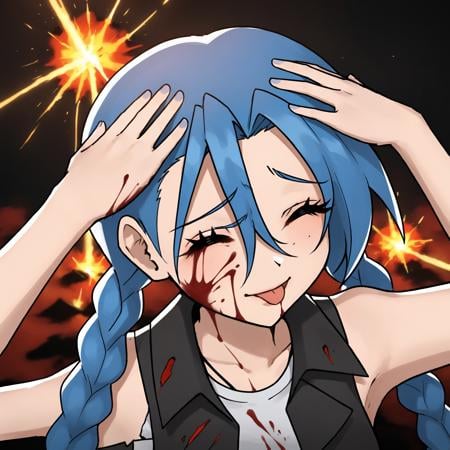 1girl, Jinx, blood on face, destroyed city in background, explosions in background, bleh meme, hands on own head, closed eyes, tounge out, <lora:8017c8d9-0962-4a2a-b107-a977b832f603:0.6>