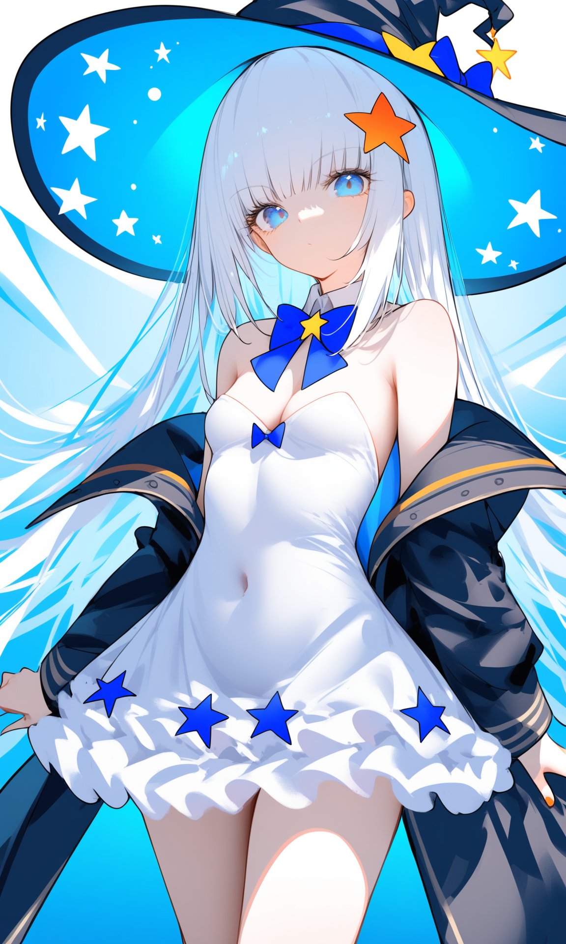 1girl, hat, solo, long hair, breasts, witch hat, dress, blue eyes, looking at viewer, bare shoulders, white dress, covered navel, small breasts, cowboy shot, frills, bow, white hair, black headwear, bowtie, detached collar, off shoulder, bangs, frilled dress, standing, blue bow, star (symbol), ribbon, cleavage, jewelry, closed mouth, black coat, witch, blue ribbon, hair ornament, blue bowtie, short dress, thighs