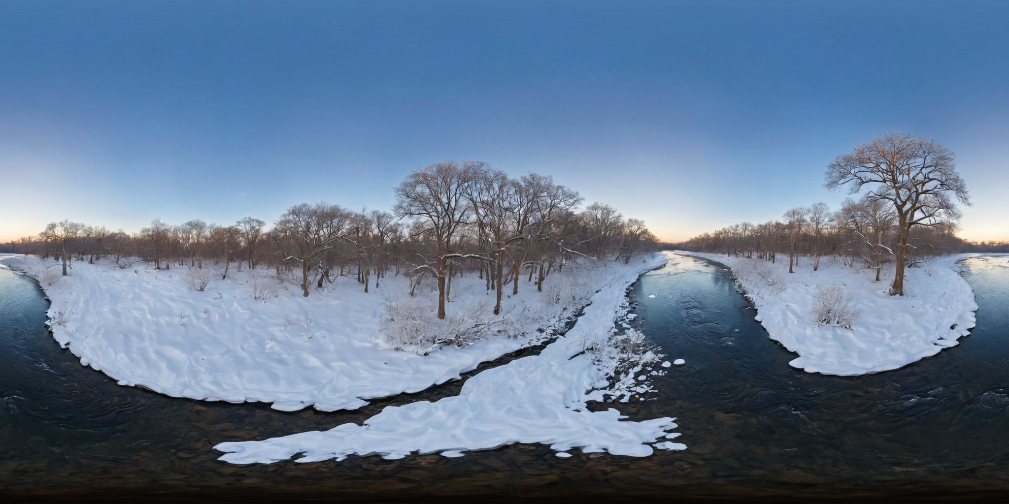 <lora:HMSG航拍全景XL:1>,360panorama,Centered Horizon,No seams,<lora:光影XL:1>,A serpentine river meandering through a forest cloaked in pristine snow. The contrasts are striking - the dark, flowing waters of the river cut through the white expanse, creating a natural tapestry that is both serene and dynamic. Trees, their branches heavy with snow, stand as silent sentinels on either side of the riverbank. The scene captures the tranquil beauty of winter, where nature's elements converge in a peaceful harmony, untouched by the bustle of the world outside