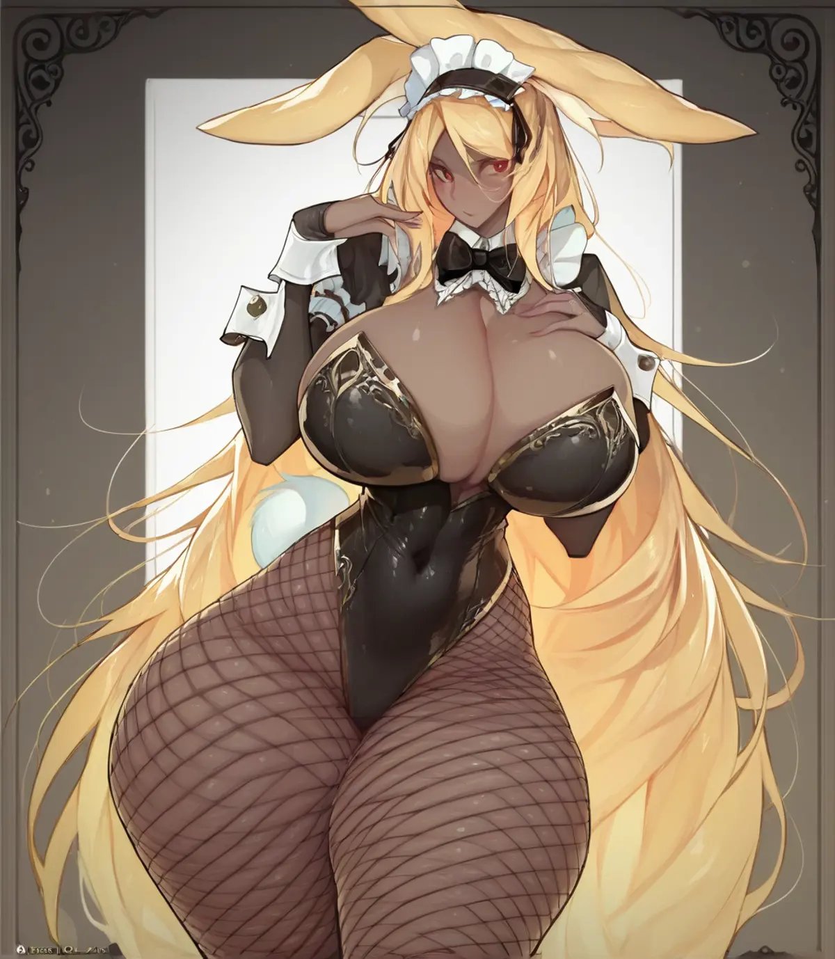 score_9,score_8_up,score_7_up, <lora:iggi:1> iggi ,1girl, solo, breasts, fishnets, dark-skinned female, rabbit ears, huge breasts, long hair, animal ears, very long hair, red eyes, dark skin, blonde hair, bow, leotard, thick thighs, thighs, cleavage, thighhighs, rabbit tail, covered navel, frills, playboy bunny, tail, bowtie, maid headdress, looking at viewer, pantyhose,