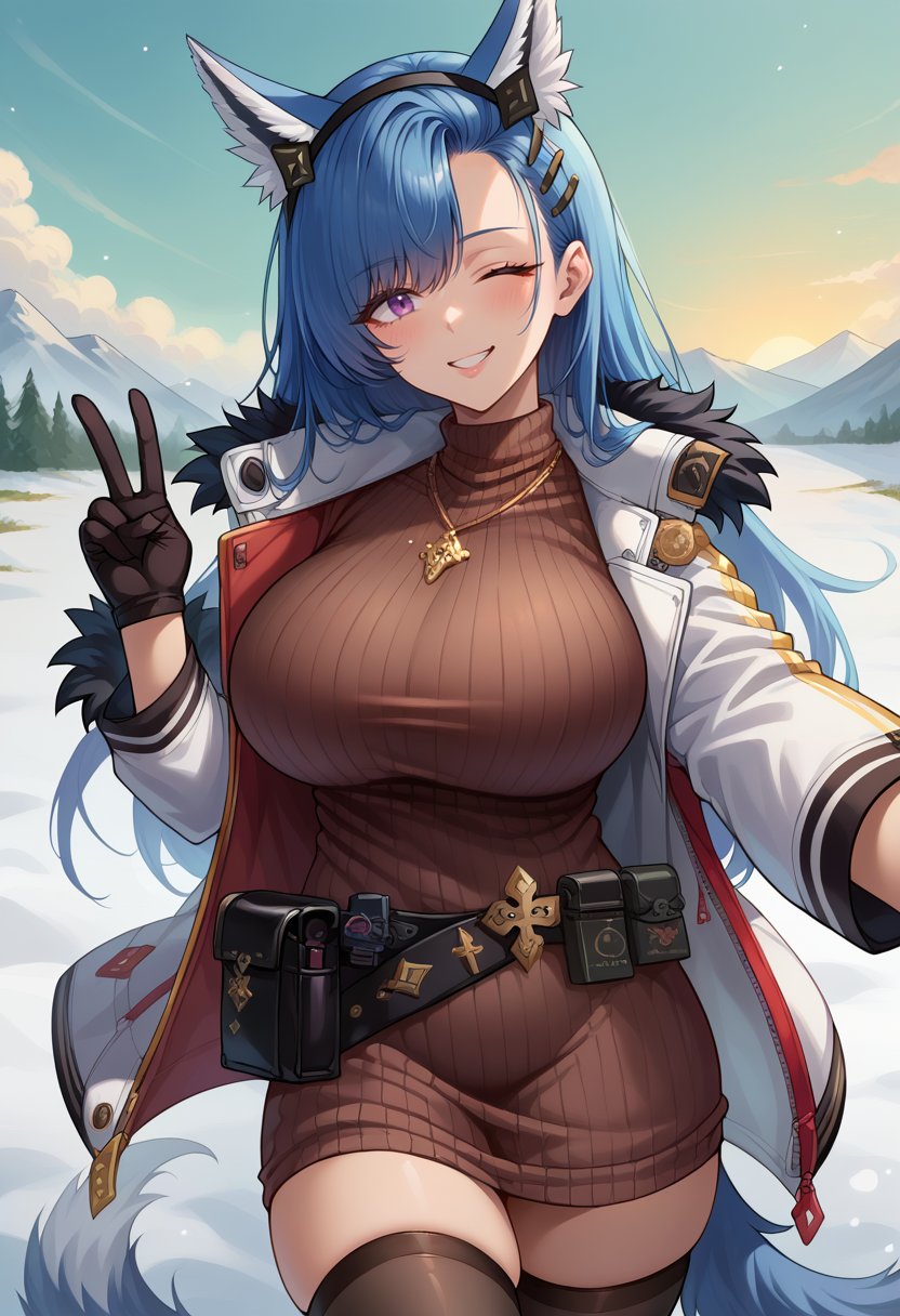 score_9,score_8_up,score_7_up BREAK 1girl,jelofenrirudef,solo,outdoors,snow field,selfie,v,blue hair,long hair,purple eyes,animal ears,hair ornament,hairclip,black sweater,necklace,white coat,fur trim,open coat,belt,belt pouch,black gloves,thighhighs,tail,looking at viewer,seductive smile,one eye closed,<lora:Fenriru-JeloXL-000007:1>,