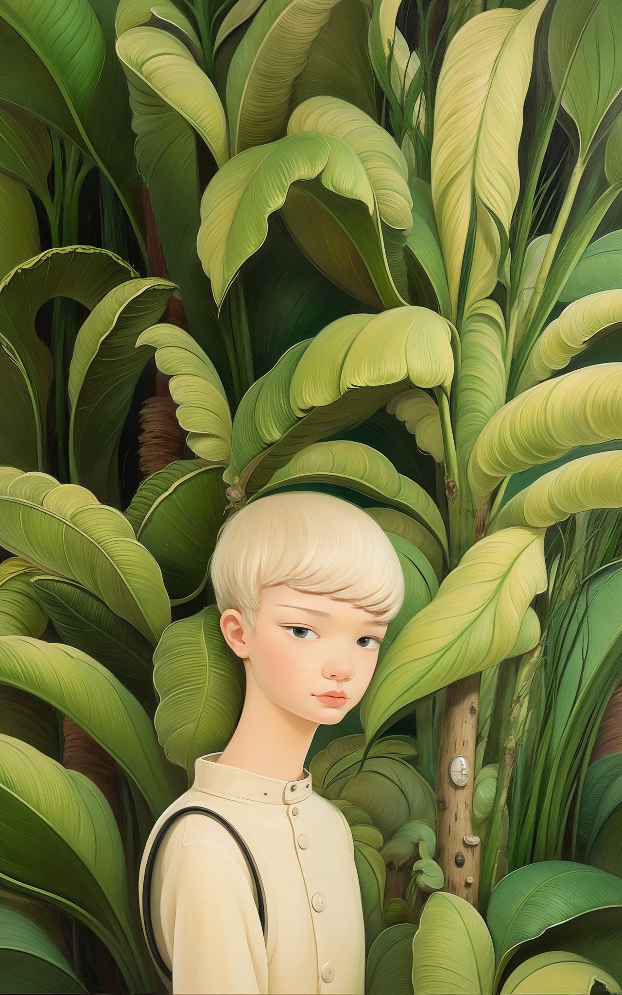 a painting,Slender body,Short spiky platinum blonde hairstyle,Whispering Willow GreenHigh-low top and jeggings,Rainforest canopy with exotic bird species,Futuristic dystopian city viewpoint featuring towering skyscrapers,Oblong facePleased facial expression,dynamic attitude,