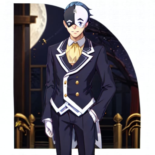 <lora:Vanir Spoch8:0.75>, vanir-liver020, 1boy, solo, (mask:1.1), blue hair, white gloves, formal, suit, jacket, ascot, black and white mask, symbols, yellow ascot, mask on head, standing, moon, star, symbol II