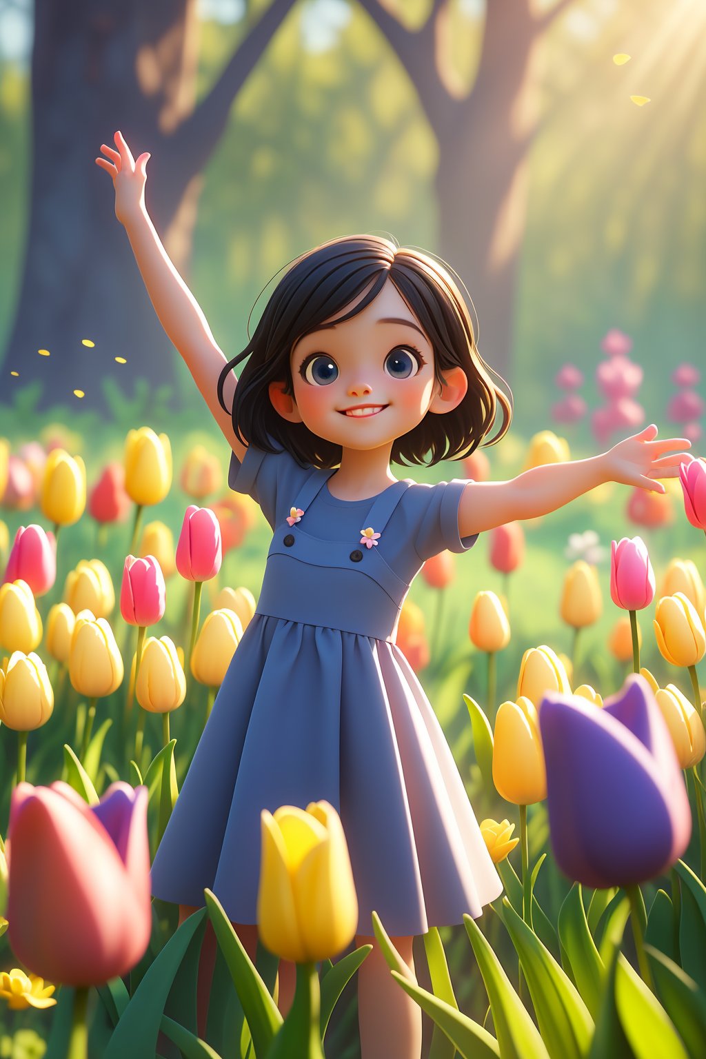 1girl,tulip,flower,solo,(stretch:1.3),:o,black hair,blue eyes clear,dress,outdoors,smile,blurry,blurry background,female child,medium hair,child,short sleeves,depth of field,sunlight,standing,day,nature,yellow flower,tree,shirt,looking at viewer,pink flower, TCXH 