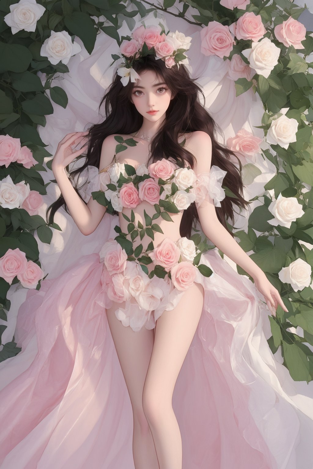 future005,Bare shoulders,see-through dress,Hair accessories,leaf,Pink flowers,White roses,barefoot,thigh gap,<lora:future005-huaduo:0.8>,