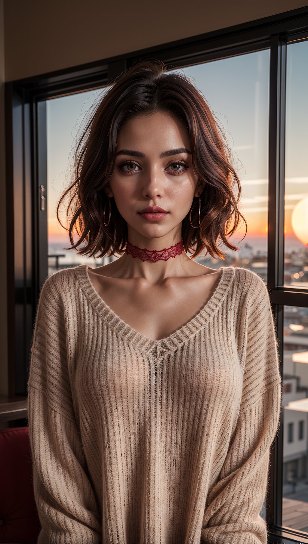 1 young cute iranian girl,very slim,skinny,redhead,rouge,red neck lace choker,cateyes makeup,colorful,oversize knit jumper,softcore,warm lighting,cosy atmosphere,Instagram style,red theme,upper body shot,(cinematic, black and red:0.85),(sunset beautiful background:1.3),sharp,dim colors,