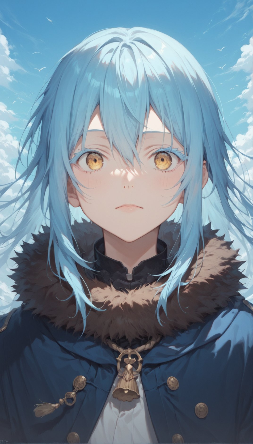 score_9, score_8_up, score_7_up, score_6_up,  anime, tsepmet_urumir_xl, rimuru tempest, fur collar, long hair, blue hair, yellow eyes, upper body, blue sky,  fur trimmed sleeves, blue coat, hair hair between eyes, colored eyelashes,(ultra HD quality details),<lora:Rimuru_Tempest_XL_Pony:1><lora:Concept Art Twilight Style SDXL_LoRA_Pony Diffusion V6 XL:1>