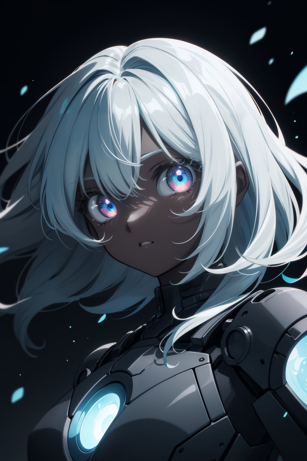 1girl, dark skin, facial mark, very beautiful, strobe lighting, glowing eyes, teal, dark theme, chiaroscuro, glowing hair, medium hair, floating hair, slanted bangs, curious, detailed cosmic eyes