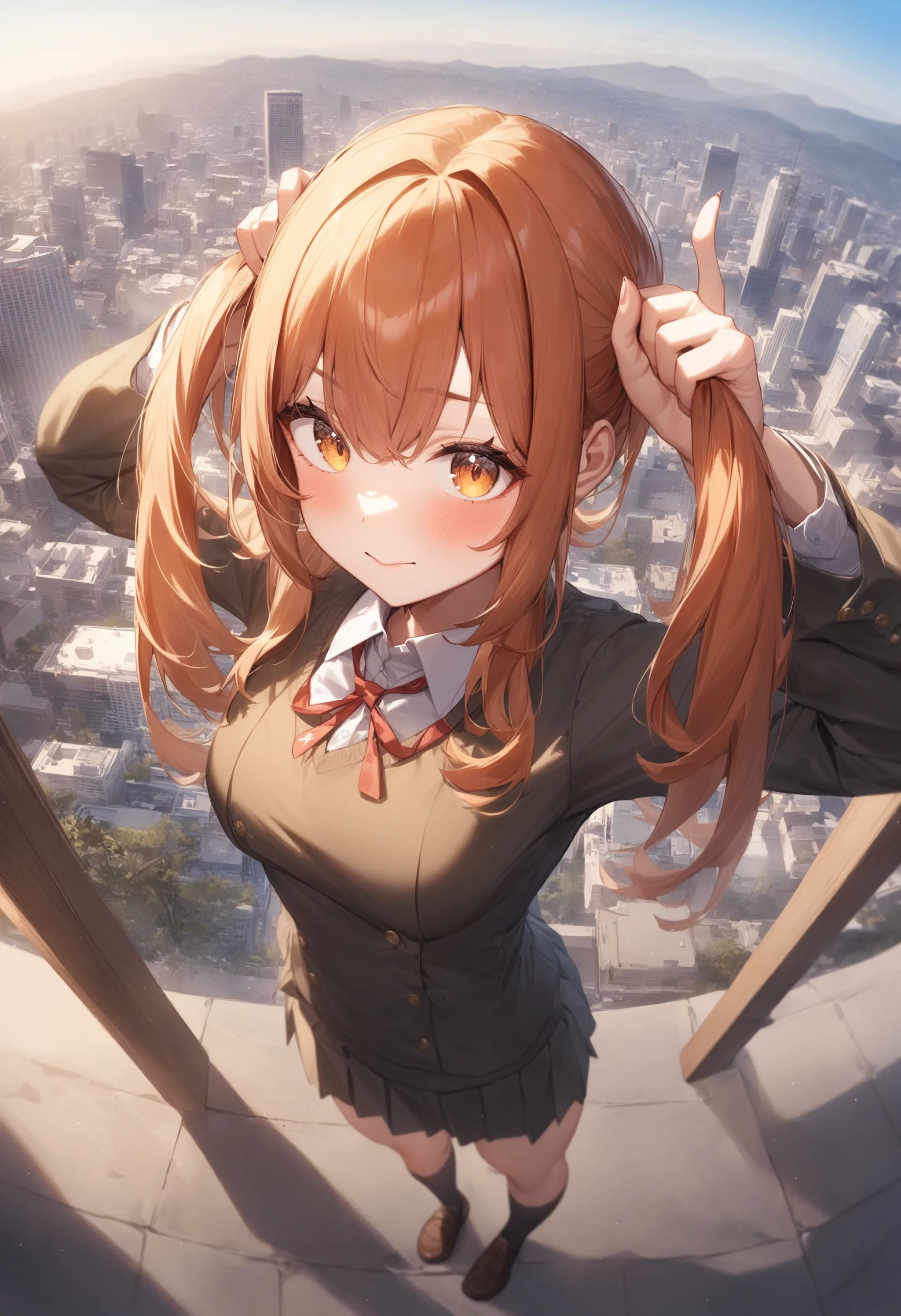 1girl, <lora:sdxl2-flat2-512b:-1>,medium breasts,school uniform,bunching hair,<lora:bunchinghair_XL_v1:1>from above, feet out of frame, looking back, kubrick stare, Los Angeles city, closed mouth,masterpiece, best quality, very aesthetic, absurdres