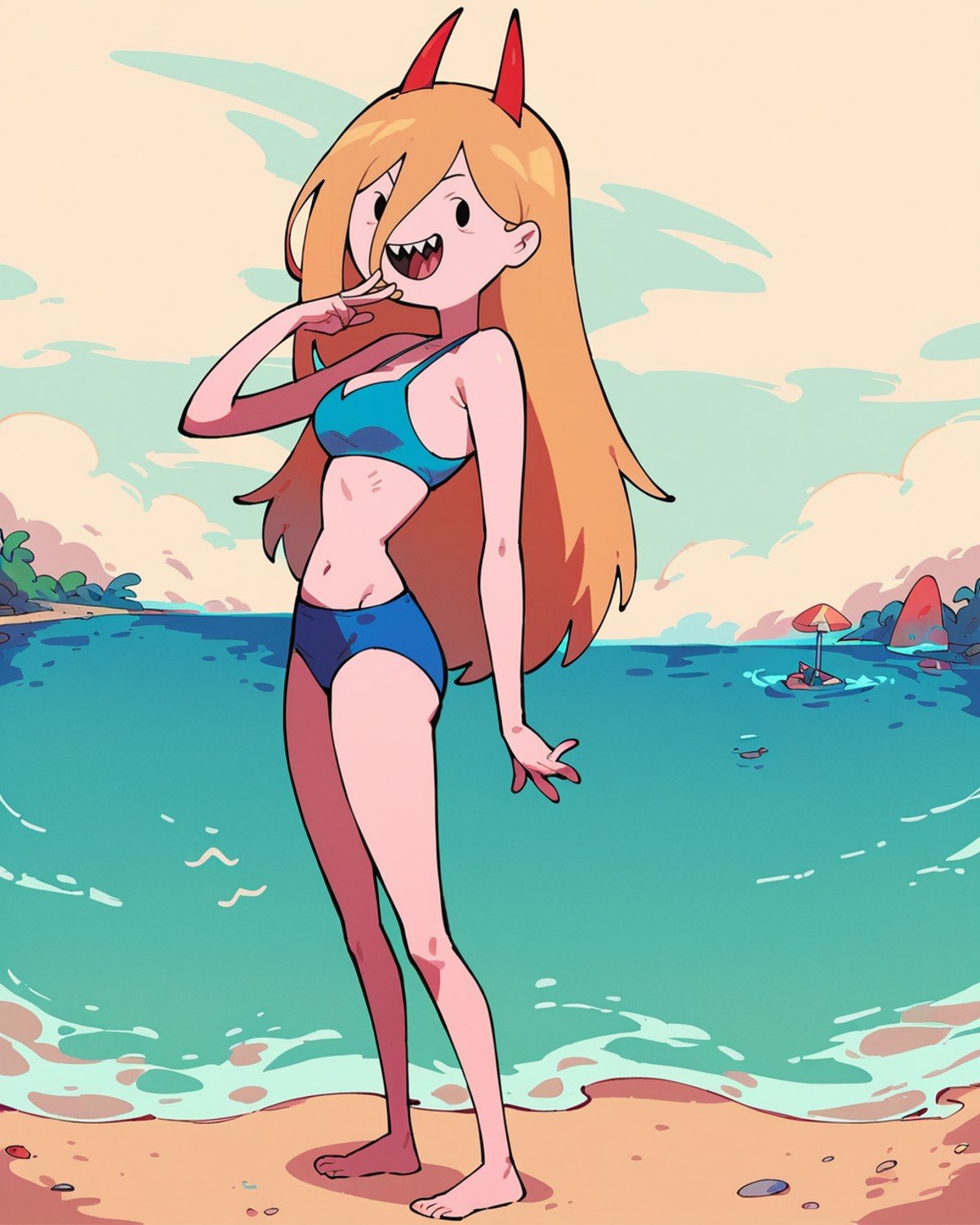 score_9, score_8_up, score_7_up, rating_questionable, 1girl, power \(chainsaw man\), solo, (dot eyes), cute, happy, blonde hair, red horns, sharp teeth, blue bikini, full body, standing, looking at viewer, from side, expressive face, outdoors, beach, adventure time, <lora:Adventure_Time_Style_LORA:1>