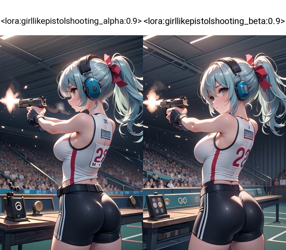 (((masterpiece))), (((best quality))), (((target in range))), ((pistol shooting)), (holding air handgun), outstretched arm, muzzle flash, aiming at viewer, firing, player uniform, sleeveless, sports shorts, ear defenders, fingerless gloves, olympic games venue, sky, wind, steam, sweat, shadow, 1girl, ribbon, aqua hair, wavy hair, floating hair, big tits, standing, from behind, black table, <lora:girllikepistolshooting_alpha:0.9>