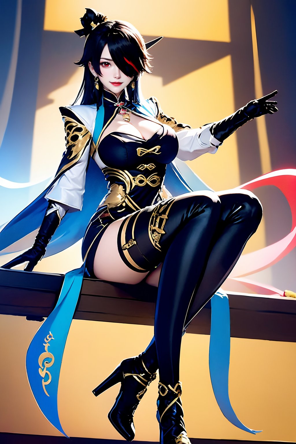 1girl, beidou \(genshin impact\), eyepatch, solo, breasts, high heels, boots, gloves, long hair, sitting, cleavage, fingerless gloves, hairpin, hair ornament, hair stick, high heel boots, red eyes, thighhighs, looking at viewer, black hair, black gloves, jewelry, one eye covered, large breasts, brown hair, earrings, black footwear, hair over one eye, dress, makeup, thighs, smile, full body, thigh boots, cleavage cutout, chinese clothes, clothing cutout, black thighhighs, tassel, red lips, open mouth