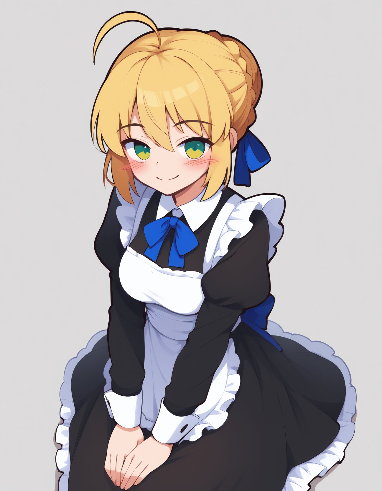 score_9,score_8_up,score_7_up, BREAK score_anime, rating_general, BREAKartoria pendragon (fate), 1girl, ahoge, alternate costume, apron, black dress, blonde hair, blue ribbon, blush, braid, closed mouth, dress, enmaided, green eyes, hair ribbon, juliet sleeves, long sleeves, maid, maid apron, neck ribbon, own hands together, puffy sleeves, ribbon, short hair, sidelocks, simple background, sitting, smile, solo, white apron, white background <lora:archi-ghelber-style-10:1>, archi-ghelber-style