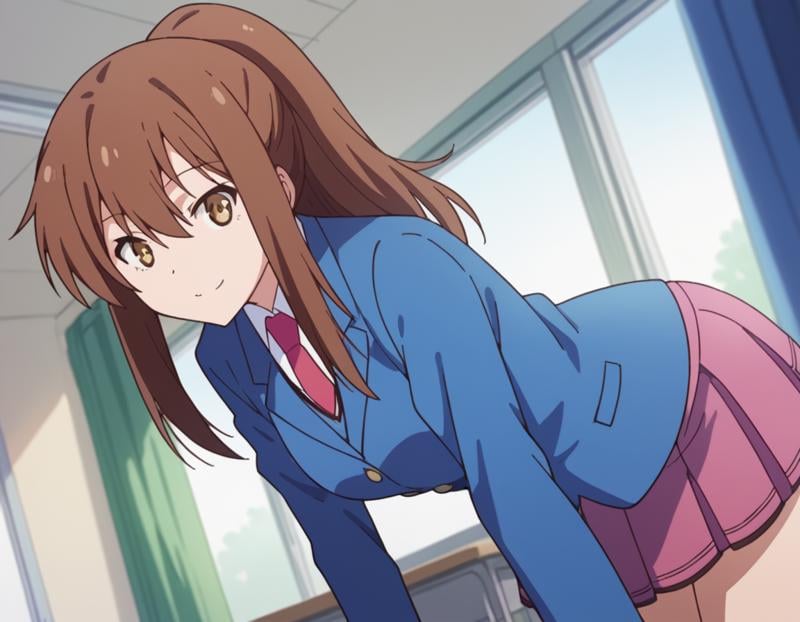 score_9, score_8_up, score_7_up, source_anime,nanamiaoyama, <lora:nanami-aoyama-s1-ponyxl-lora-nochekaiser:1>,nanami aoyama, long hair, bangs, brown hair, hair between eyes, brown eyes, ponytail, sidelocks,skirt, school uniform, jacket, pleated skirt, necktie, blazer,indoors, classroom, bent over, smile,looking at viewer, cowboy shot, solo, dutch angle