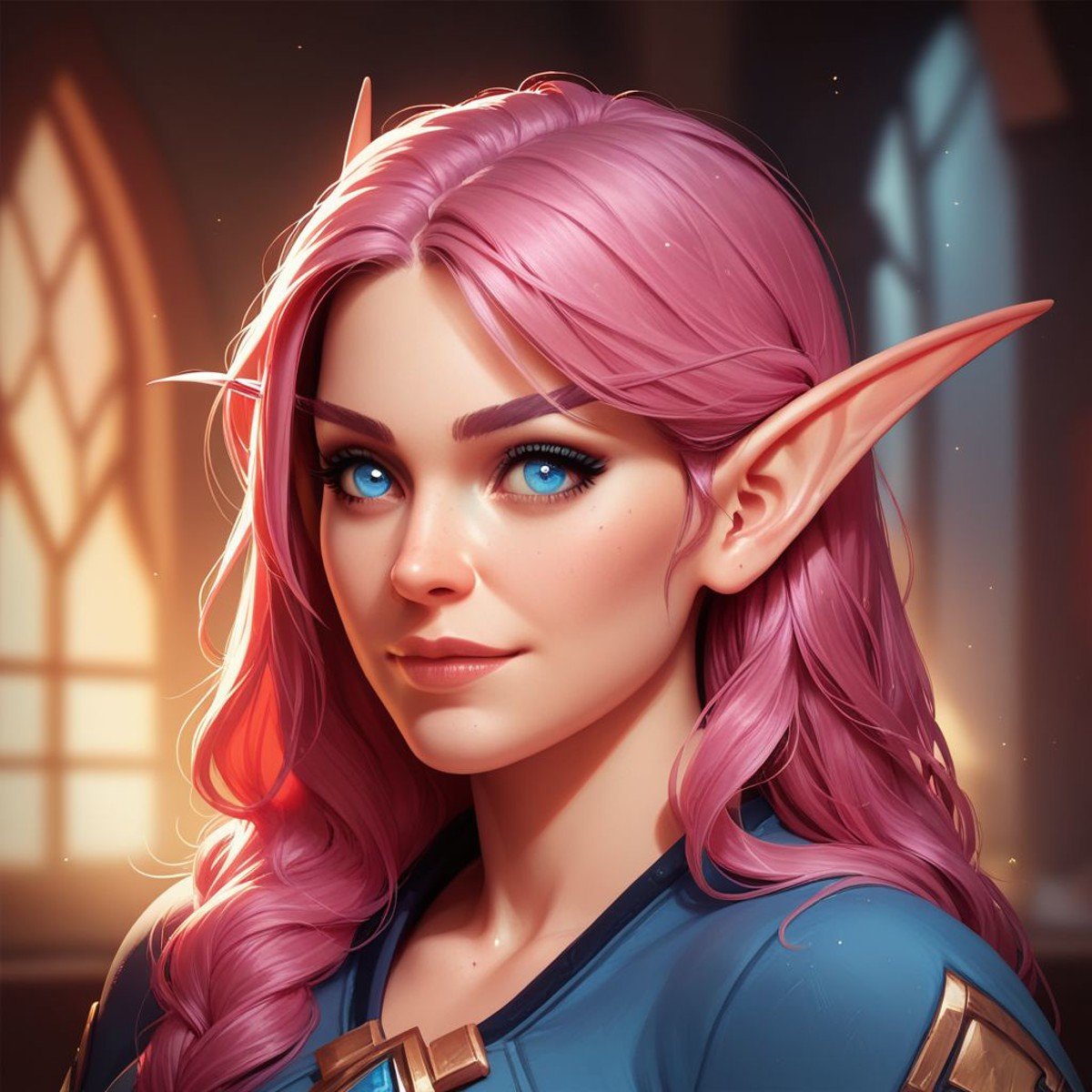 score_9, score_8_up, 8, score_7_up, score_6_up, (dynamic lighting:1.1), ((masterpiece)), solo, portrait, (((beautiful, hyper realistic, high quality))), portrait, score_9, score_8_up, score_7_up, Elf, Pointed ears, Long eyebrows, 1girl, pink hair, blue eyes, cute clothes,fantasy background, blurred background