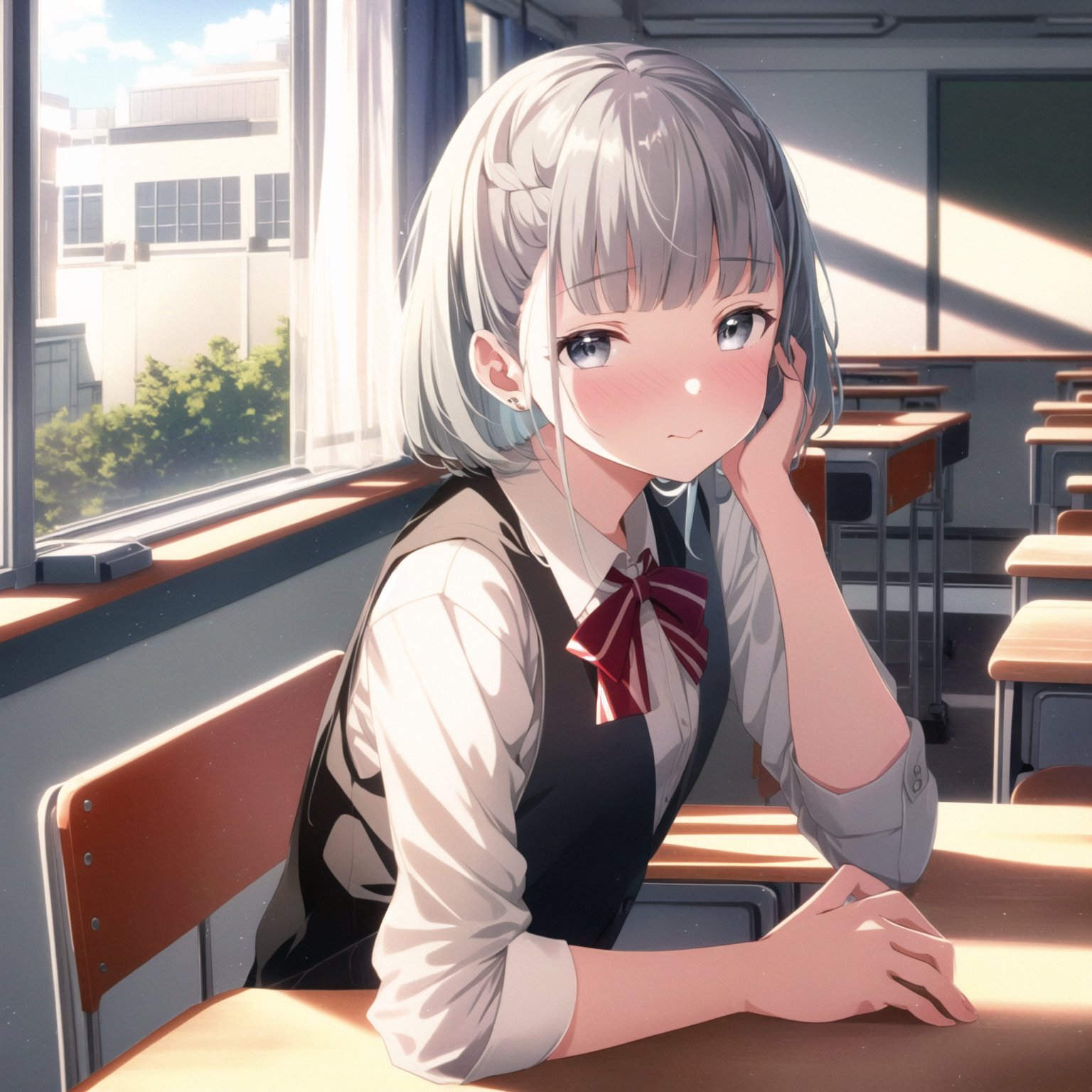 (masterpiece, best quality), 1girl, solo, ipkana, school_uniform, <lora:kana-000016:0.75>, grey_eyes, blush, full-face_blush, embarrassed, sitting, desk, classroom, window, curtains