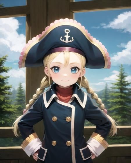 best quality, (masterpiece:1.2), illustration, absurdres,(1girl, solo), (beautiful detailed girl),<lora:Patty:1>, Patty Fleur, blonde hair, twin braids, blue eyes, young, child,pirate hat, pirate, coat, boots(upper body, portrait),,hands on hips, proud, confident, smile, looking at viewer,magical forest, flowers, ancient ruins, stone ruins, sky, clouds,,