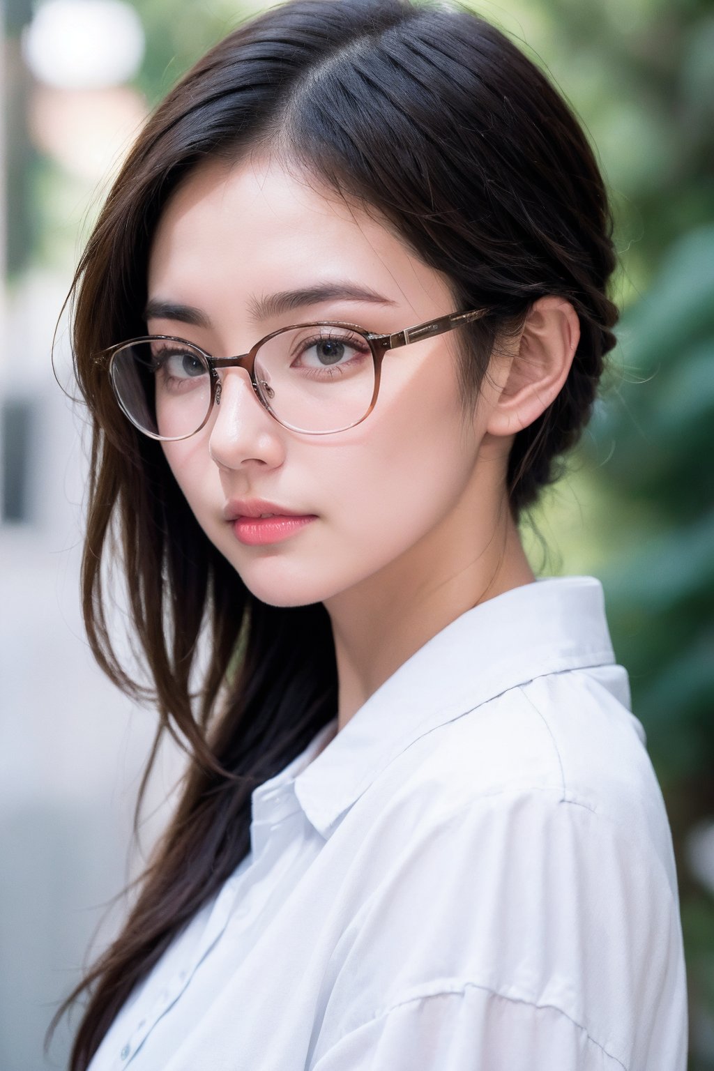 1girl, solo, white shirt, portrait, glasses, (from side)