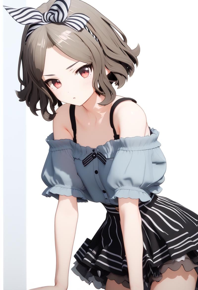 (score_9,score_8_up,score_7_up, ),<lora:GBC_TOMO:1>,GBC_TOMO, 1girl, solo, red eyes, short hair, wavy hair, brown hair, blue off-the-shoulder shirt, black shoulder strap, puffy short sleeves, layered skirt, black skirt, off shoulder, bare shoulders, black and white striped bow headband, black and white striped bow, simple_background,white_background,3d,