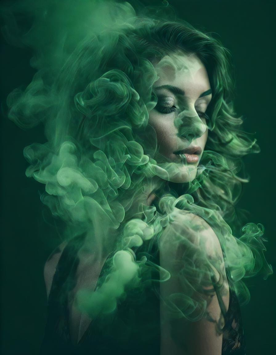 <lora:Double_Exposure:1> double exposure, seductive woman, green smoke, 