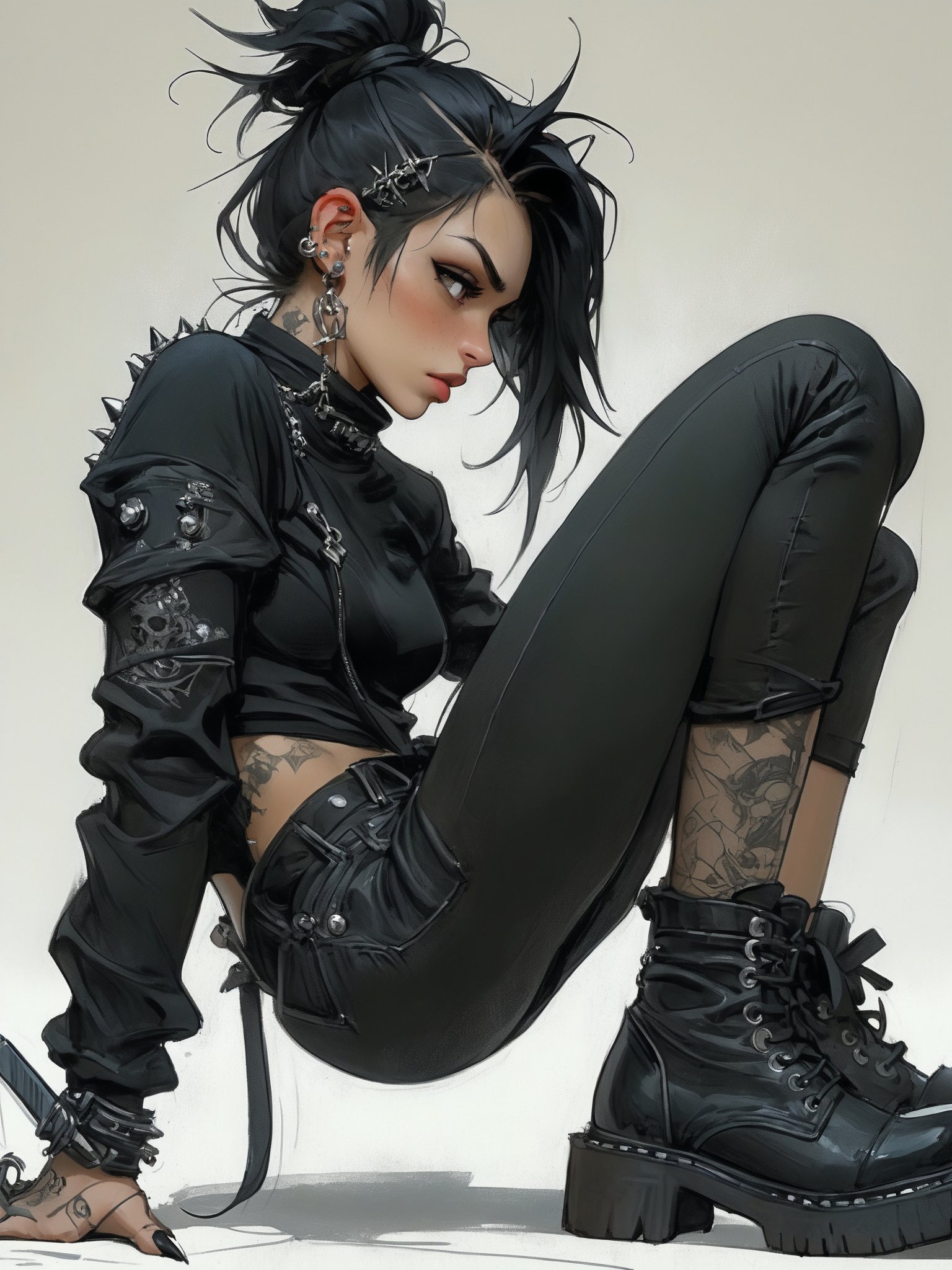 goth girl, her messy jet black hair is pulled back in a ponytail, the scars over her face are prominent but look old, she’s dressed all in black wearing a black long sleeve shirt covered in silver studs and spikes, tight black jeans, leather combat boots, she’s covered in tattoos, and piercings. character illustration by felicien rops, illustration, conceptual art, epic action, Unreal Engine, cinematic award winning artwork, many details, extreme detailed, full of details,Wide range of colors., dramatic, Dynamic,Cinematic,Sharp details, Insane quality. Insane resolution. Insane details. Masterpiece. 32k resolution. casting shadow style, cucoloris patterned illumination,  dvr-lnds-sdxl, ral-dissolve, ral-ertmsphr, ral-porcelain, ral-pxlprtcl, Niji, aidma-niji