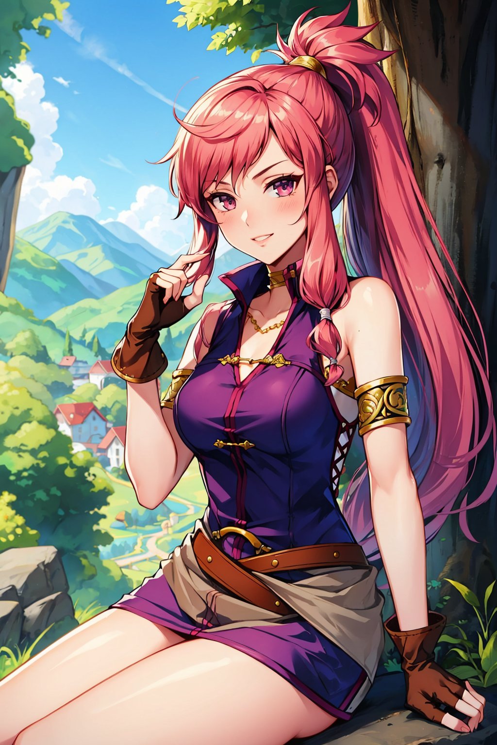 masterpiece, best quality, feMarisa, pink hair, ponytail, armlet, purple dress, see-through, belt, fingerless gloves, sitting, looking at viewer, smirk, alpine forest <lora:marisa-nvwls-v1-000010:0.9>