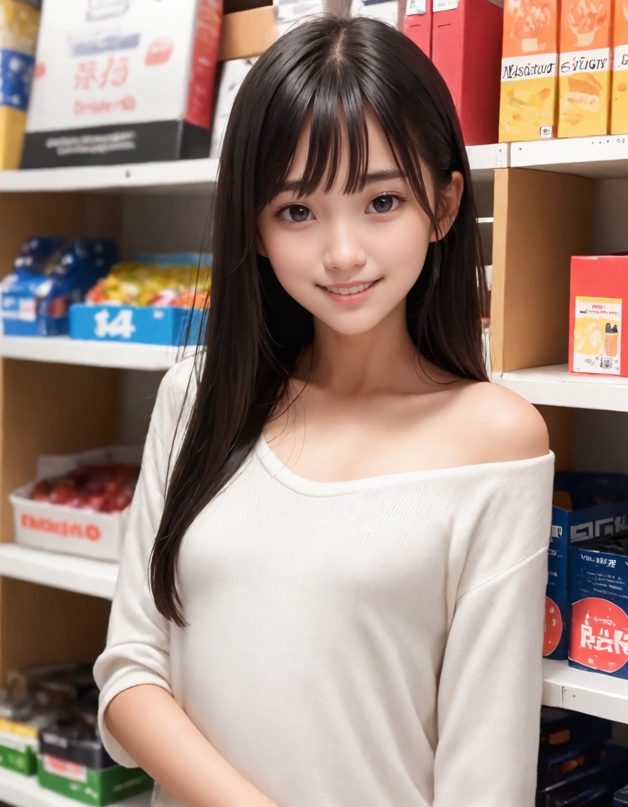 1girl, solo,(Best quality:1.0),(masterpiece:1.0),photorealism,(black hair:1.1), (black eyes),long hair,(small breasts:1.1),slender,BREAK(japanese:1.2),Off-the-shoulder knit poncho , antique shop ,  display cases, shelves,  racks, pedestals, antique furniture, collectibles,smile,18yo,,