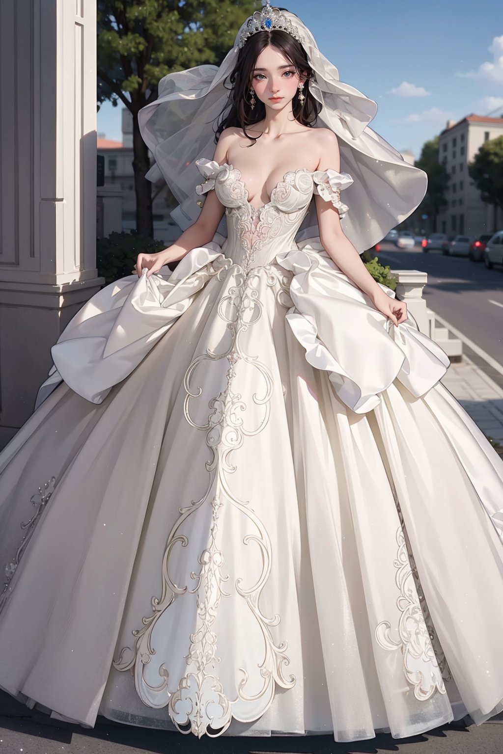 1girl,solo,medium breasts,outdoors,<lora:GoodHands-beta2:1>,(full body:1.3),<lora:0261 marguerite wedding dress_v1:0.9>,ruanyi0261,off-shoulder dress,pearl \(gemstone\),tiara,veil,wedding dress,nipples,, best quality,masterpiece,highres,official art,extremely detailed cg unity 8k wallpaper