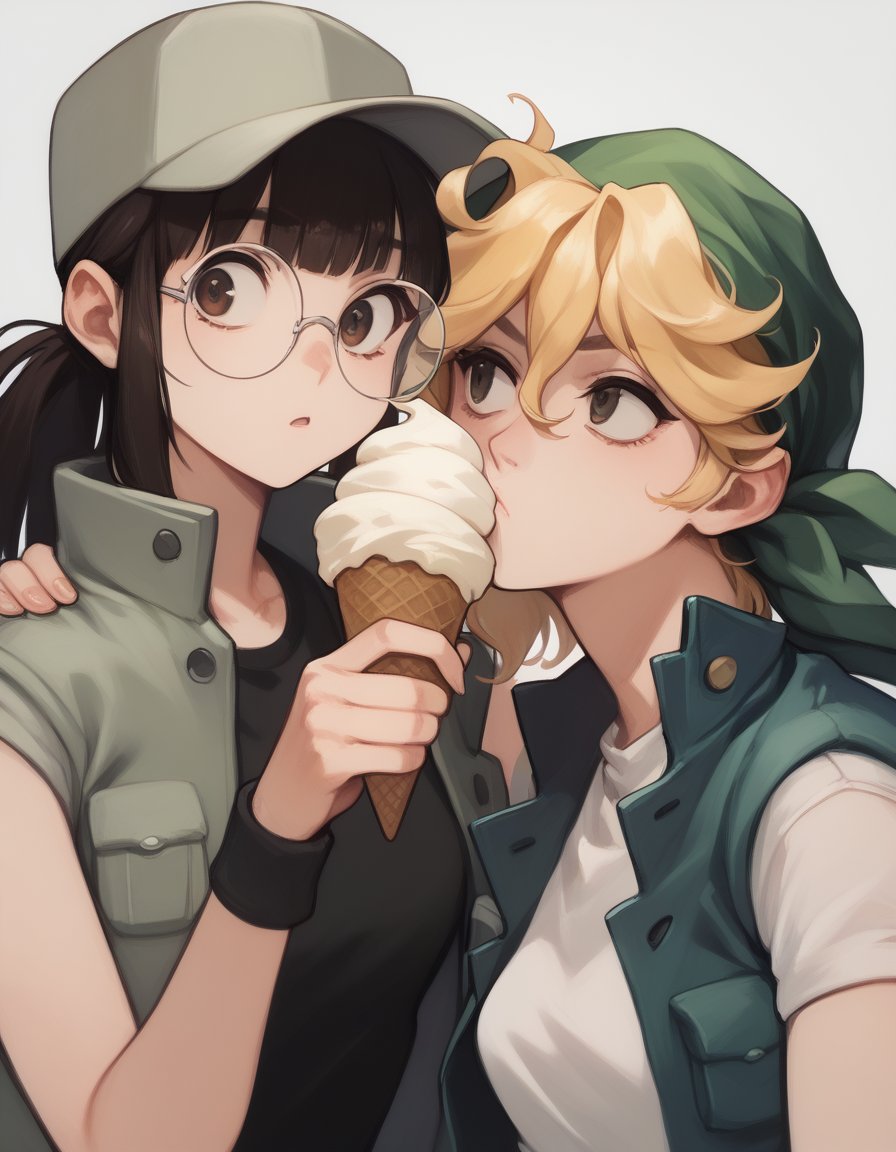 score_9, score_8_up, score_7_up, score_6_up, score_5_up, score_4_up, source_anime<lora:metalslug-ponyxl-000002:1>2girls, fashion, hand on another's cheek, holding food, ice cream cone, looking at another, looking to the side, pushing away, pushing face, simple background, standingBREAKfio germi, glasses, round eyewear, baseball capBREAKkasamoto eri, bandana