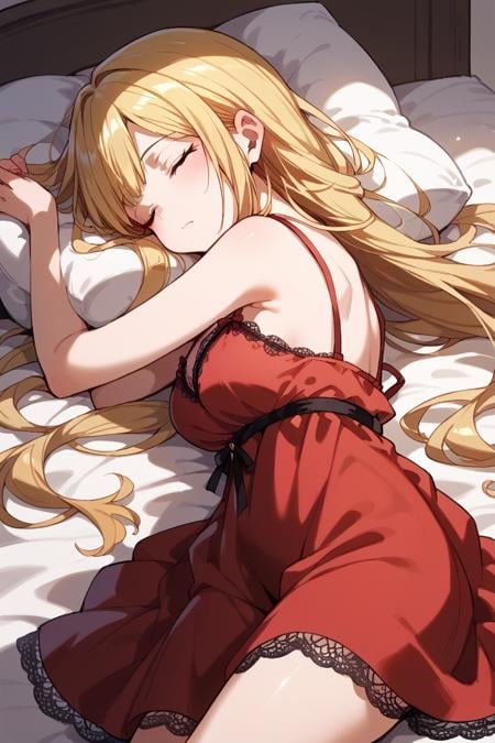 score_9, score_8_up, score_7_up, score_6_up, 1girl, <lora:Neo:0.9> neo, blond hair, long hair, silk red negligee, lace, sleep, sleepy,