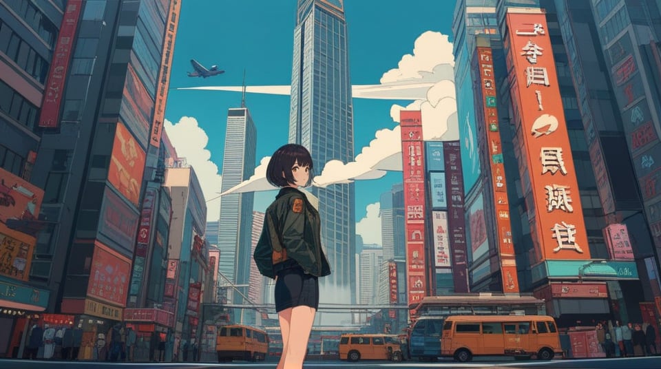 (best quality), ((masterpiece)), (highres), illustration, original, extremely detailed,  <lora:城静时光茶香美:0.7>scenery, city, solo, cityscape, smoke, aircraft, building, 1girl, outdoors, sky, short hair, black hair, standing, skyscraper