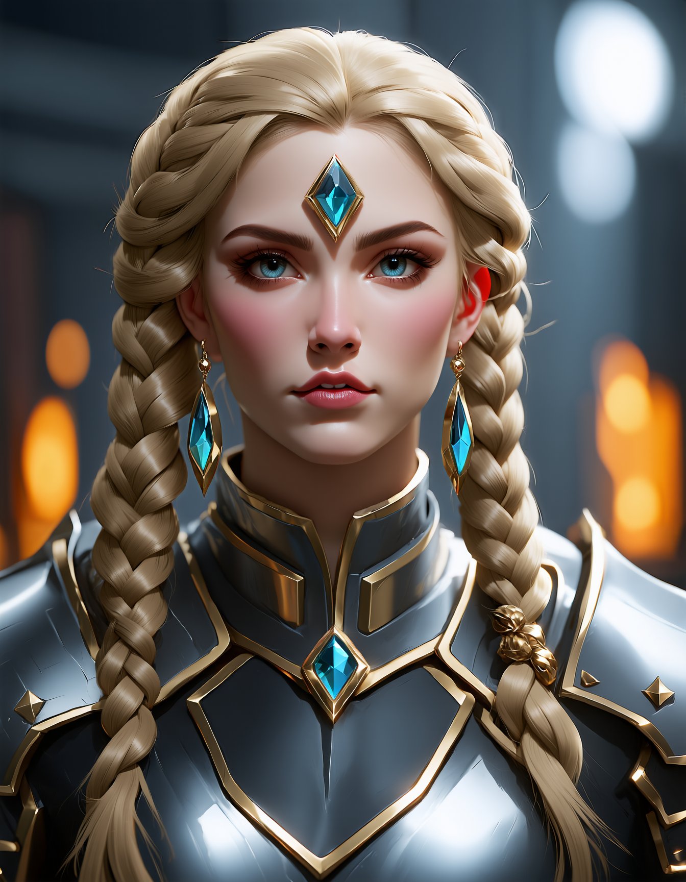 best quality,4k,8k,highres,masterpiece,ultra-detailed, woman, long hair, looking at viewer, blue eyes, blonde hair, jewelry, upper body, braid, earrings, blurry, armor, twin braids, lips, blurry background, facial mark, portrait, gem, forehead mark, forehead jewel, multiple braids , SD3_cartoon_ep10.safetensors